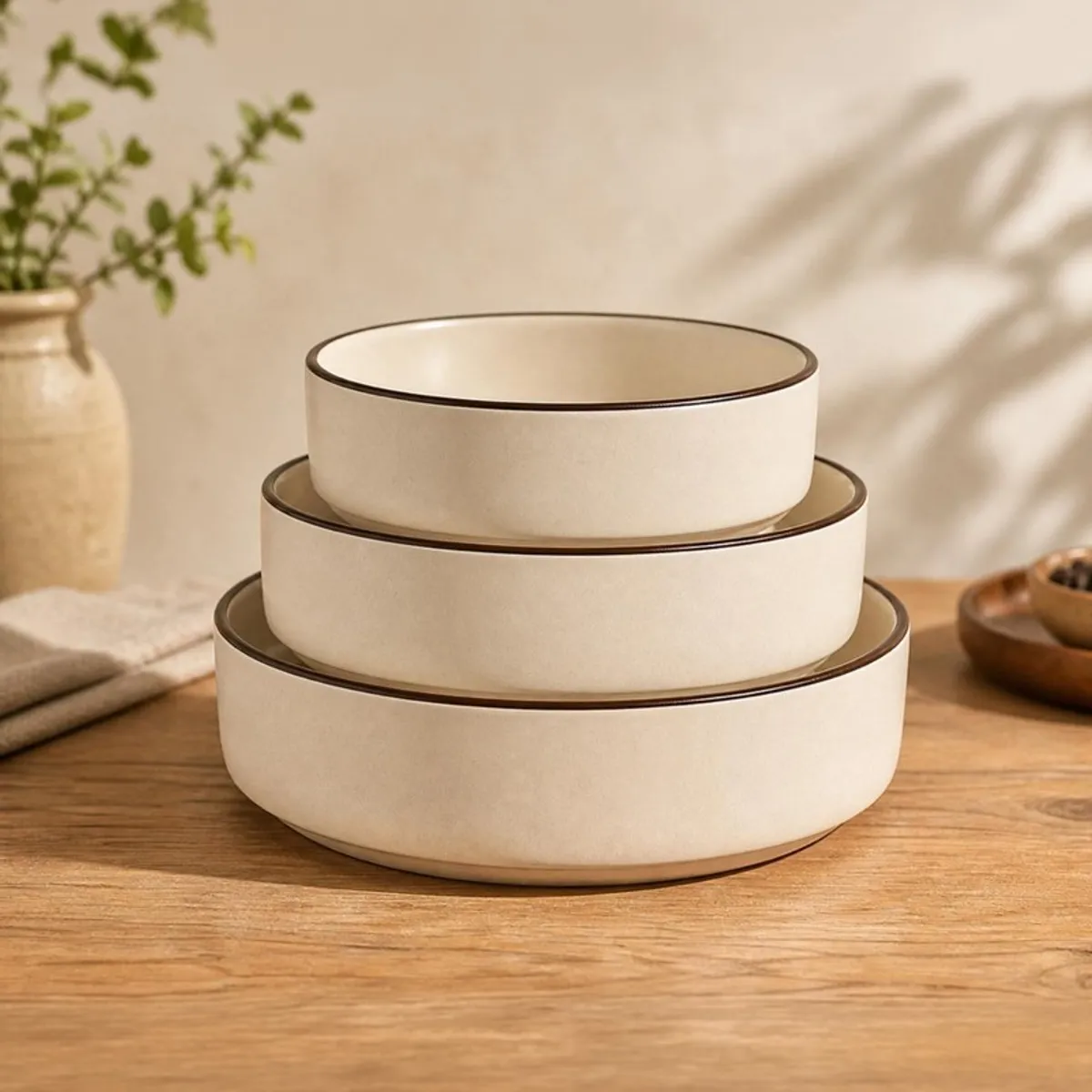 Three off-white ceramic bowls stacked by size on a wooden table