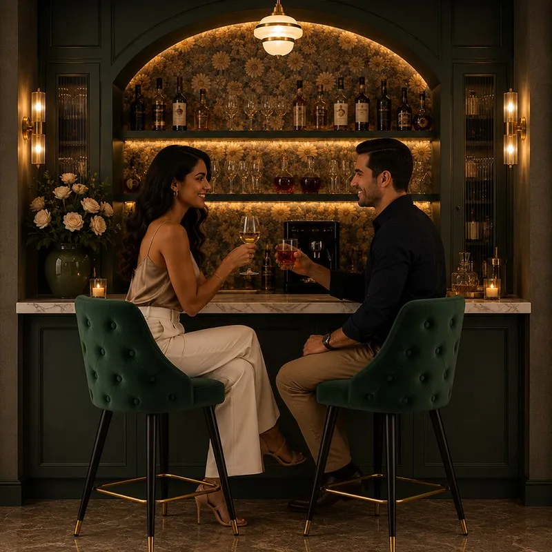 Two green upholstered bar chairs placed at a home bar setting
