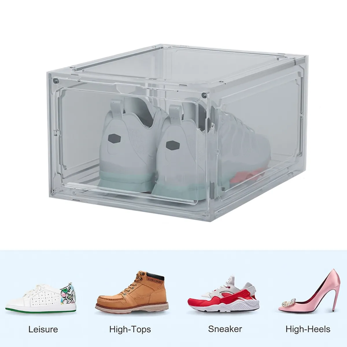 Single transparent shoe rack displaying a pair of white trainers