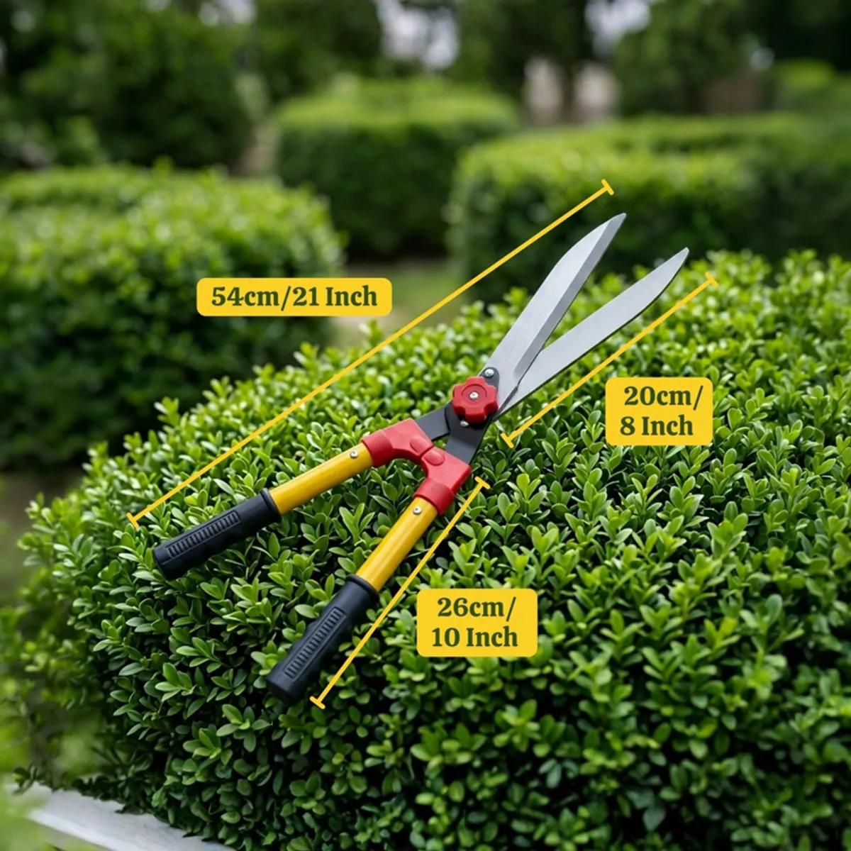 Red and yellow garden shears shown with dimensional arrows over a hedge