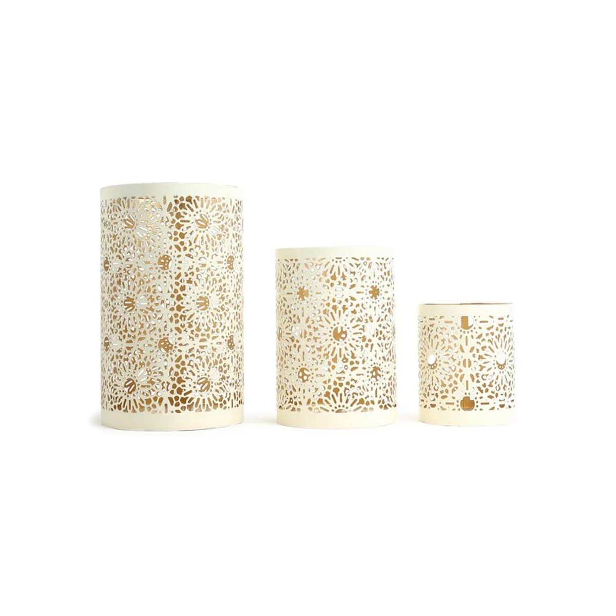 Three white cylindrical candle holders shown side by side in graduated sizes