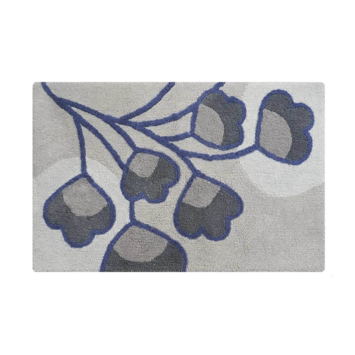 Rectangular grey bath mat with blue outlined floral vine pattern