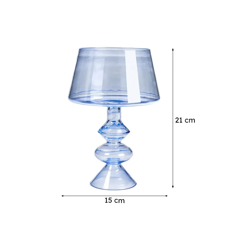 Blue glass candle holder shown with marked height and width