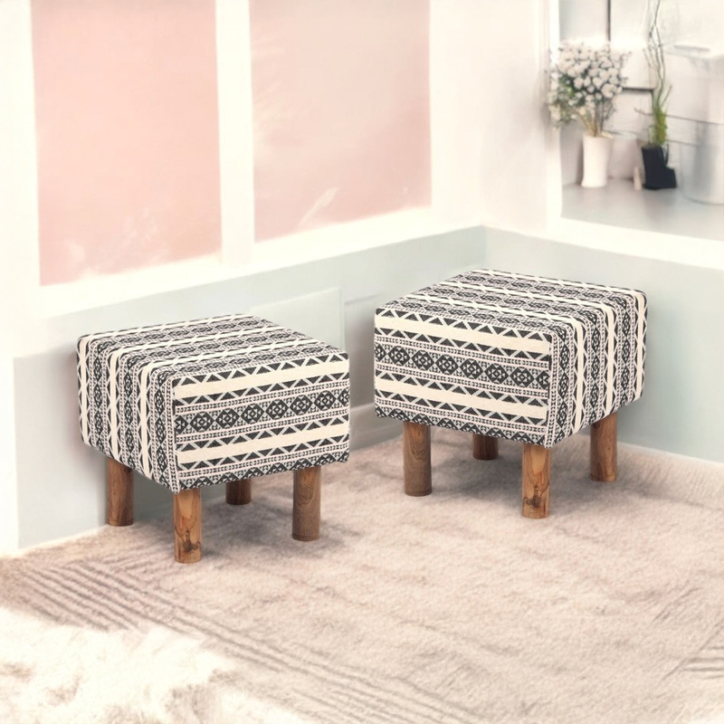 Srixon Acacia Wooden Ottomans (Multicolor) - Set Of Two