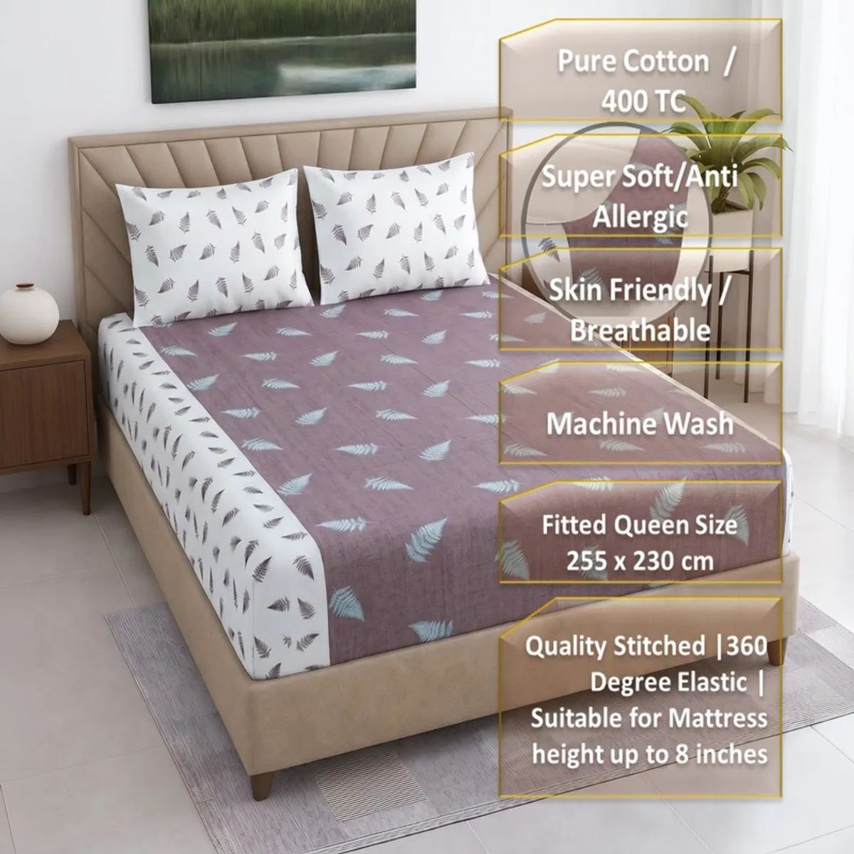 Purple fitted bedsheet with matching pillow covers shown on a bed with feature callouts