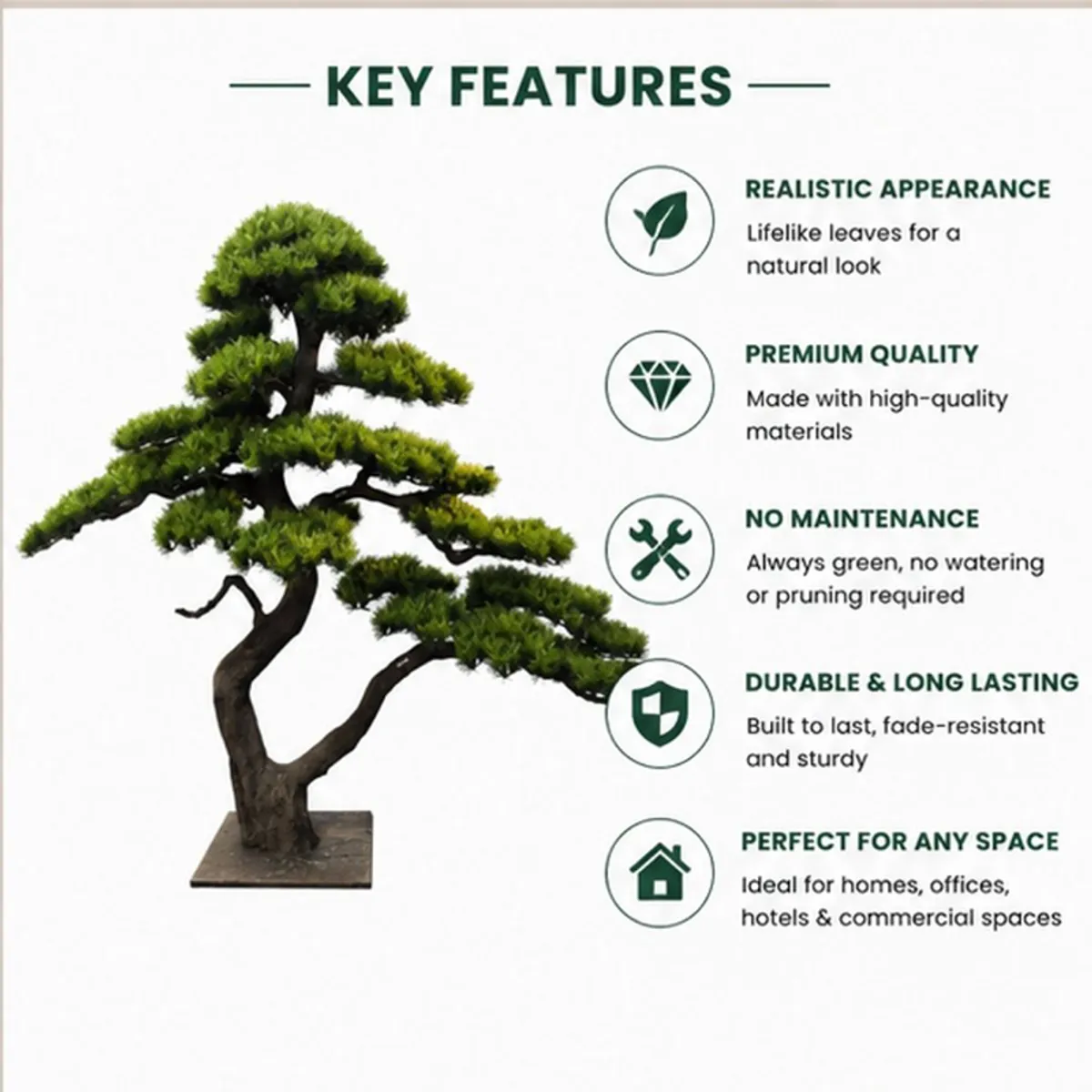 Artificial bonsai tree shown with layered green foliage and a dark twin-trunk base