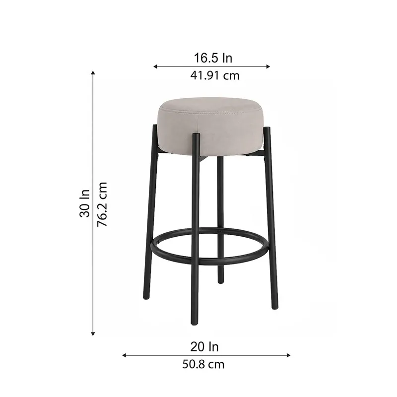Grey bar stool with black frame and dimension arrows
