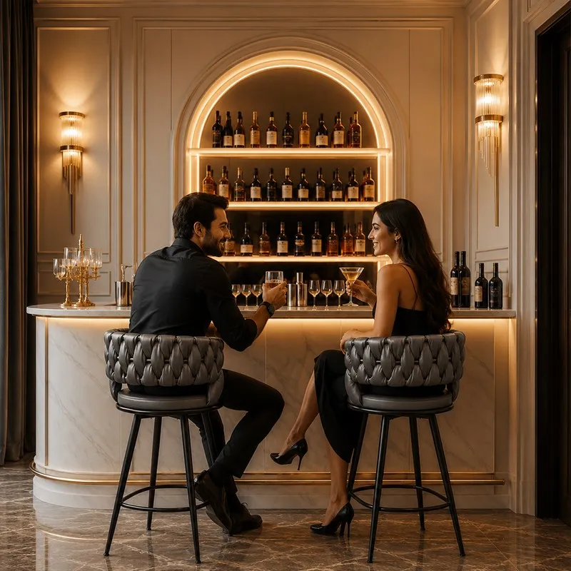 Two dark grey bar stools styled at an elegant home bar.