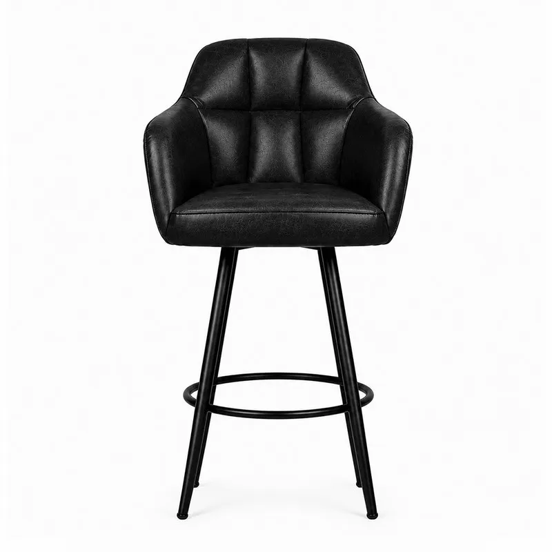 Front view of a black upholstered bar chair with metal legs