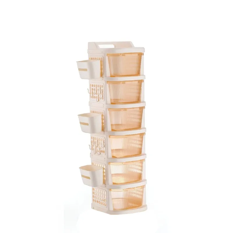 Ivory six-tier organiser rack with translucent drawers and side baskets.