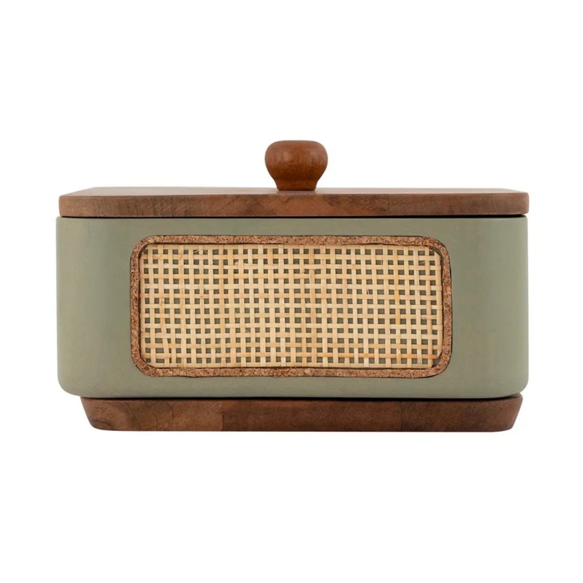 Front view of the closed square masala box with textured panel