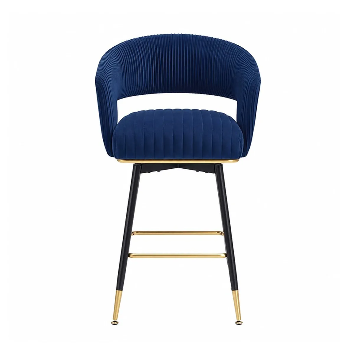 Front view of blue ribbed velvet bar stool with curved back and gold-accented legs.