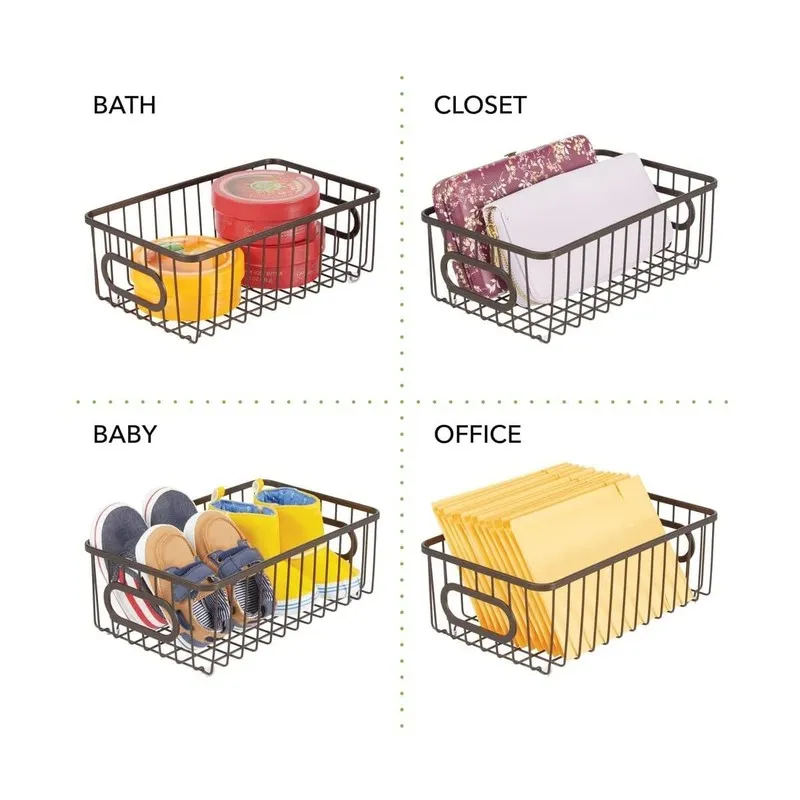 Black wire baskets shown with assorted storage uses in bath, closet, baby and office spaces