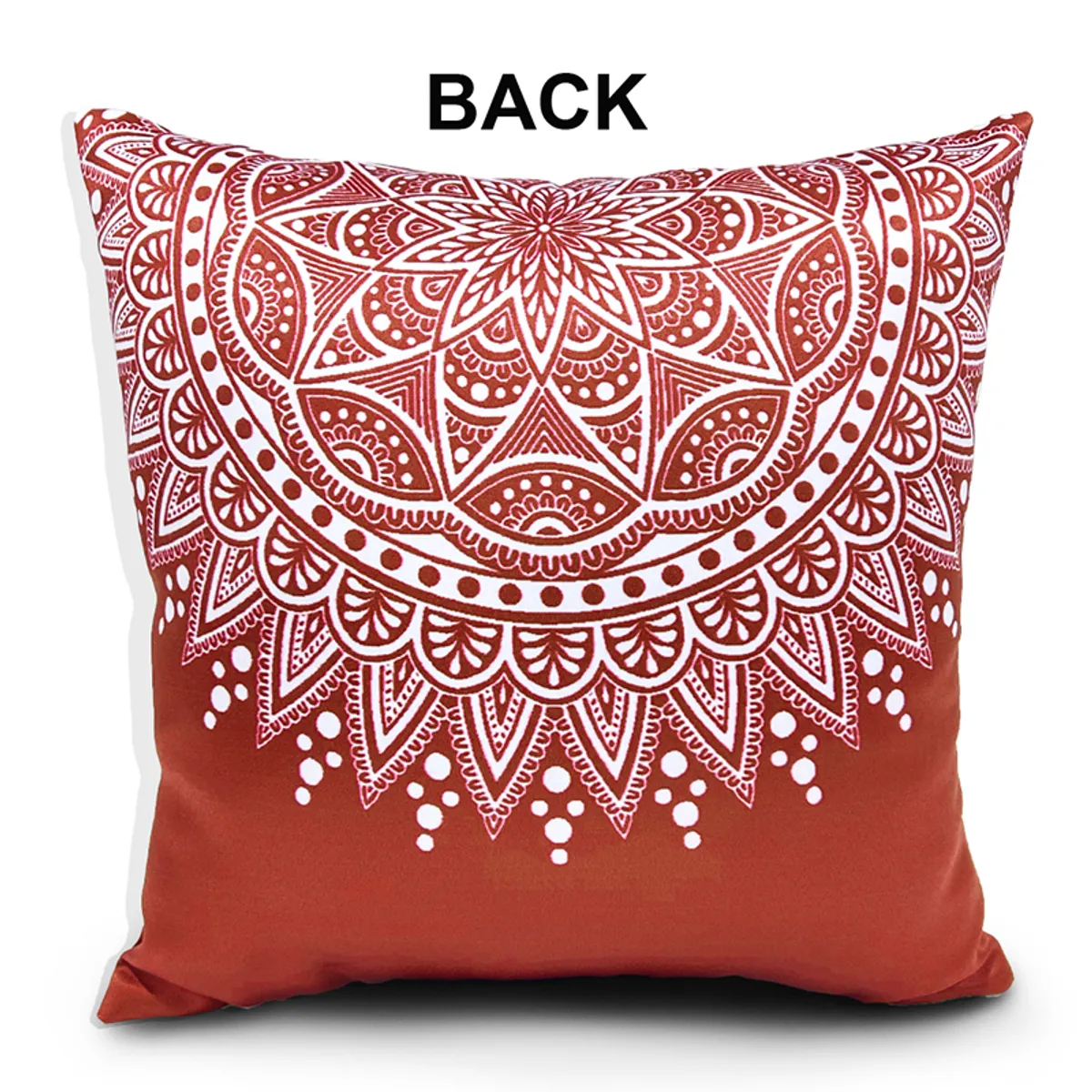 Maroon square cushion cover showing an intricate white mandala print