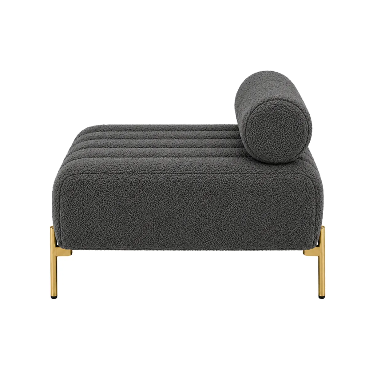 Side view of the grey bouclé bench with a cylindrical bolster backrest