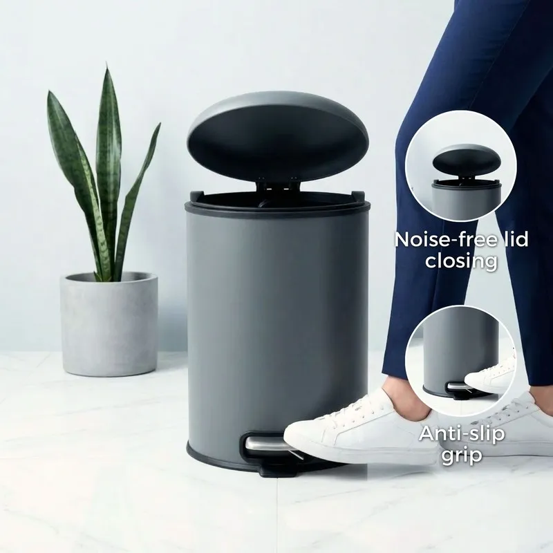 Grey pedal dustbin with lid open and black accents