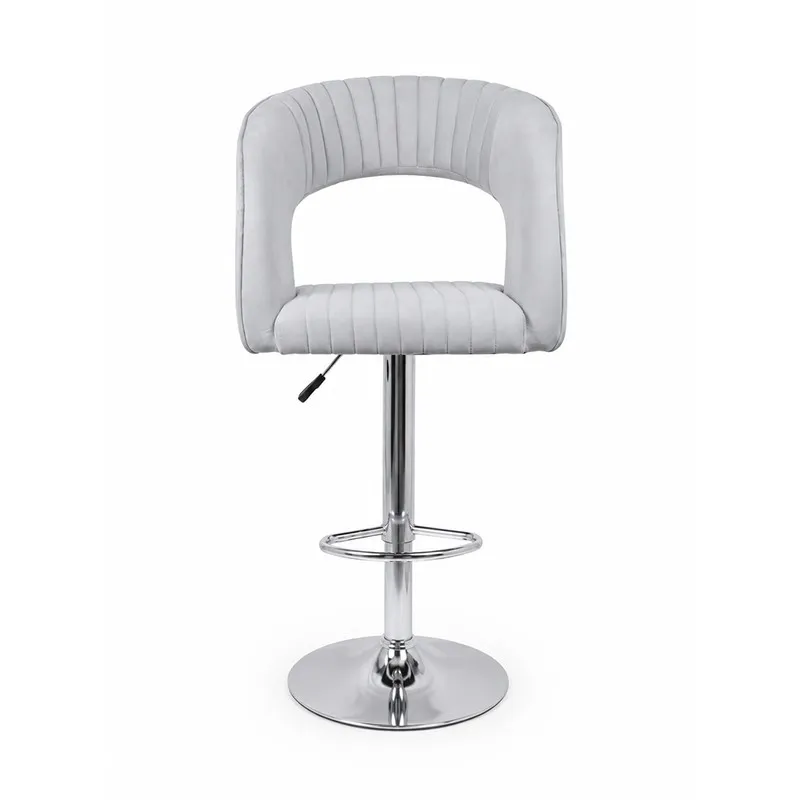 Front view of grey velvet bar chair with chrome pedestal base and footrest