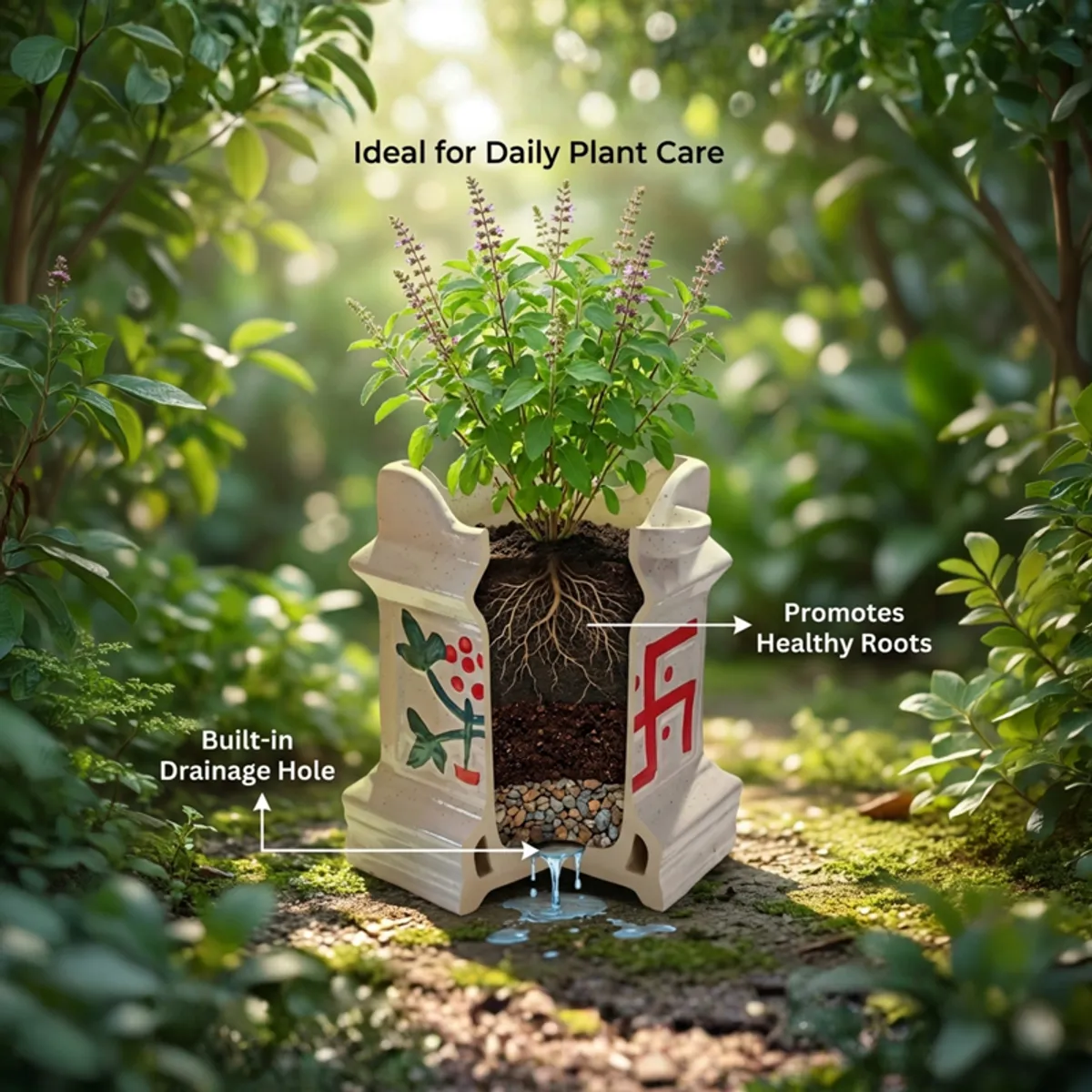 Cutaway view of a decorated ceramic planter showing soil, roots and a drainage opening