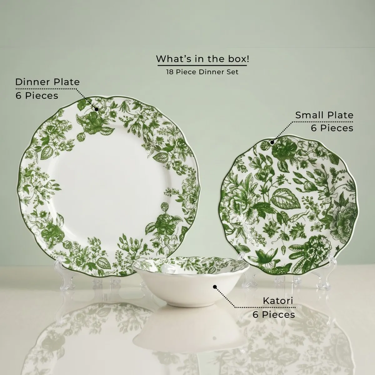 Green and white floral dinner plate, small plate and bowl from the set