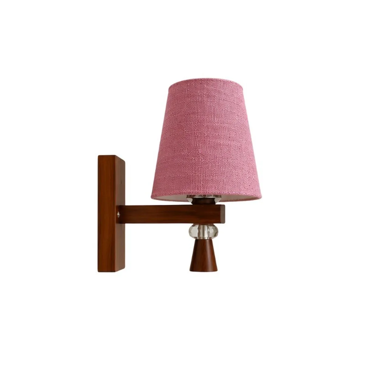 Side view showing the projecting wooden arm and pink wall lamp shade