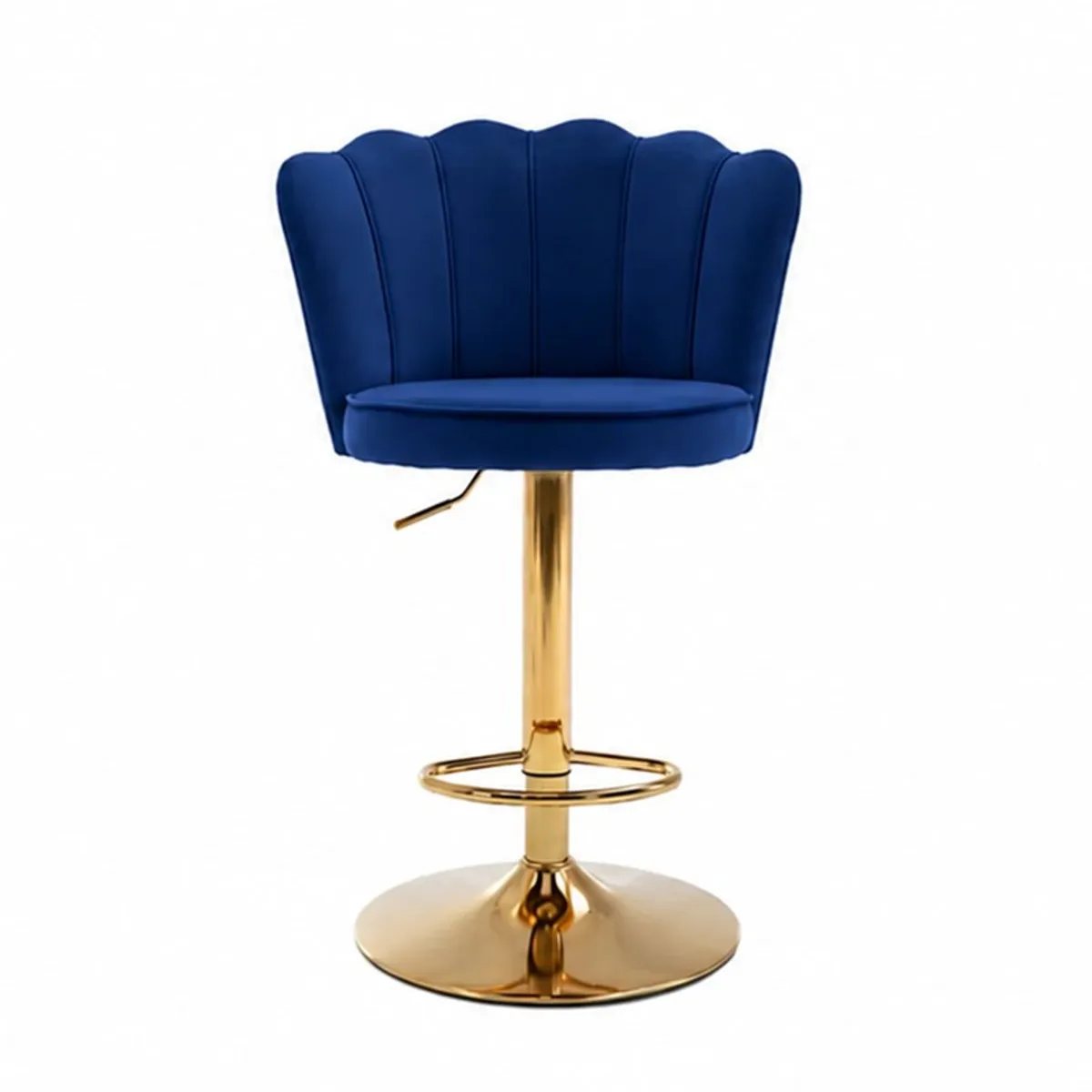 Front view of blue velvet bar chair with gold-toned metal pedestal base