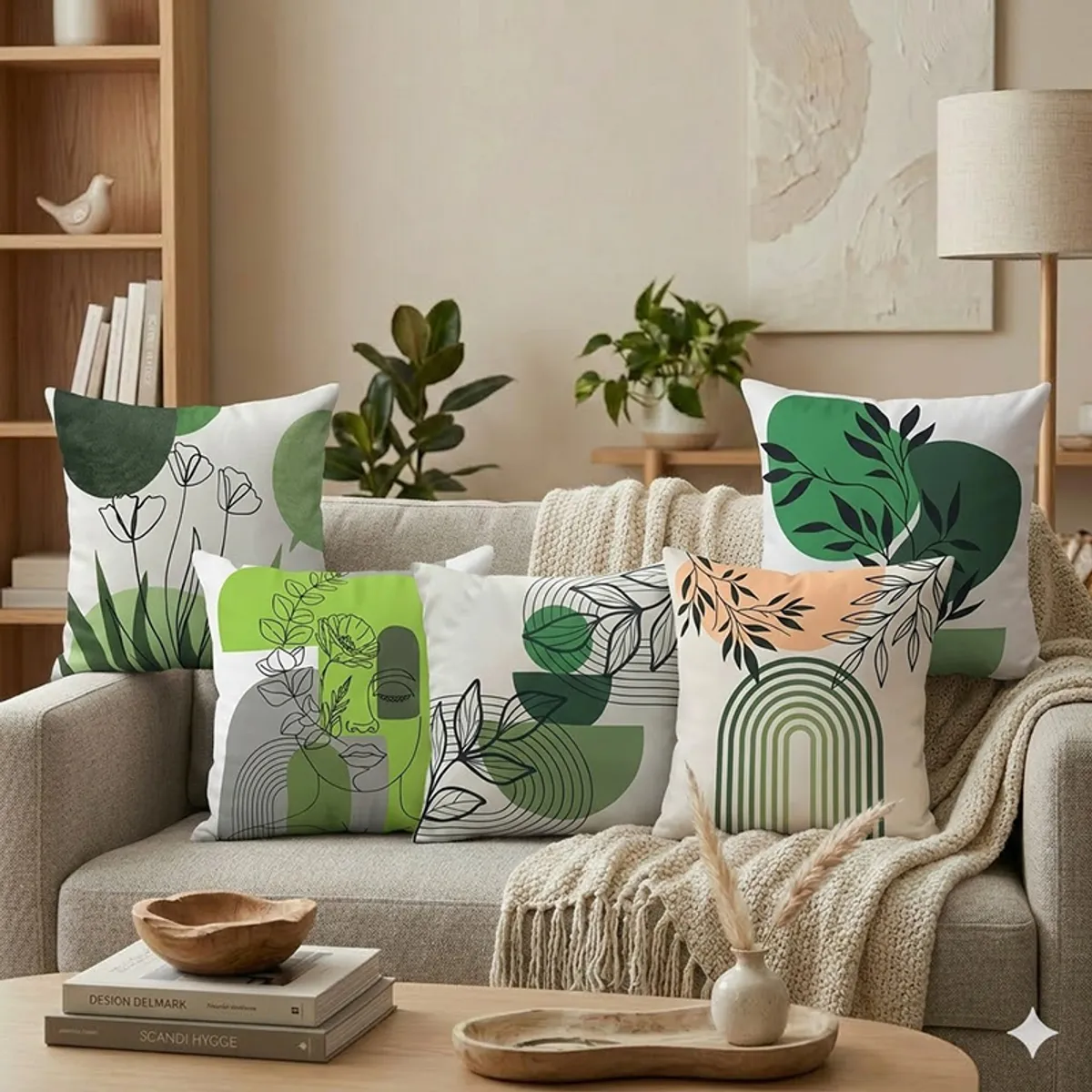 Five reversible cushion covers showing green botanical and geometric prints on a sofa