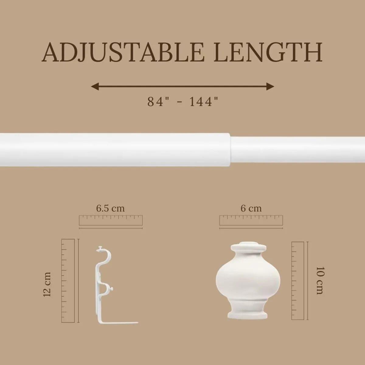 Close view of white extendable curtain rod and round finial