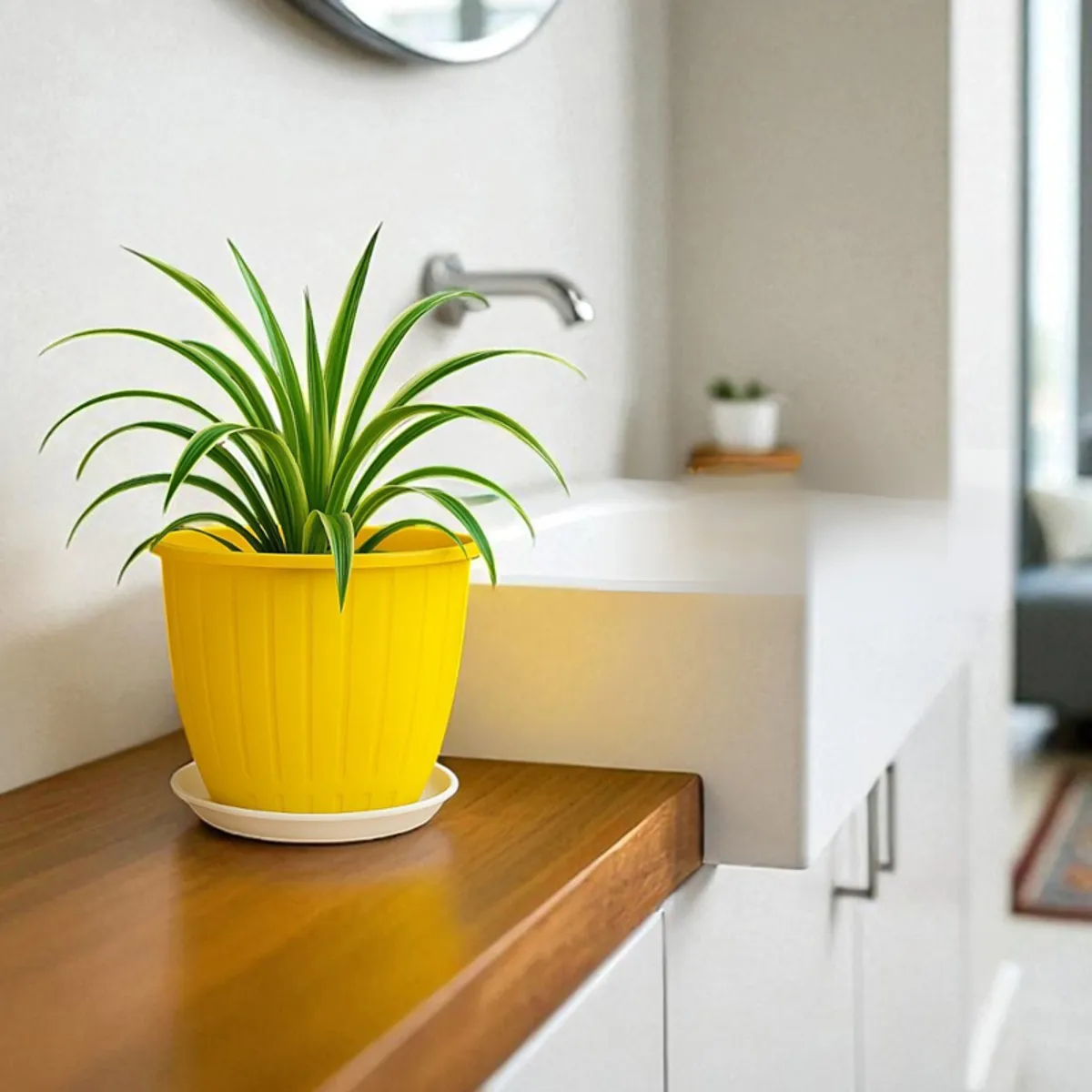 Yellow planter with a leafy houseplant on a wooden surface