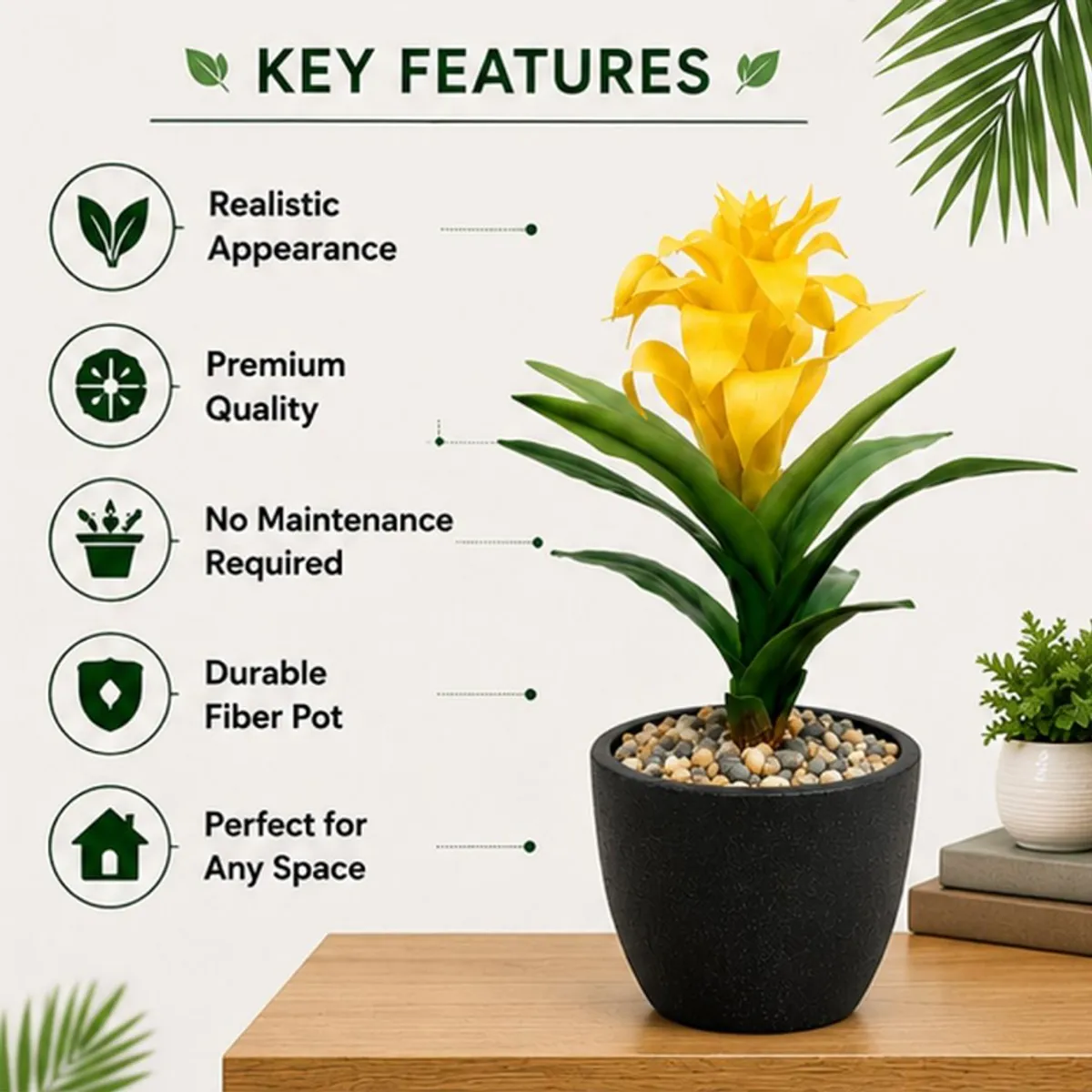 Yellow artificial bromeliad plant shown with realistic foliage and black pot