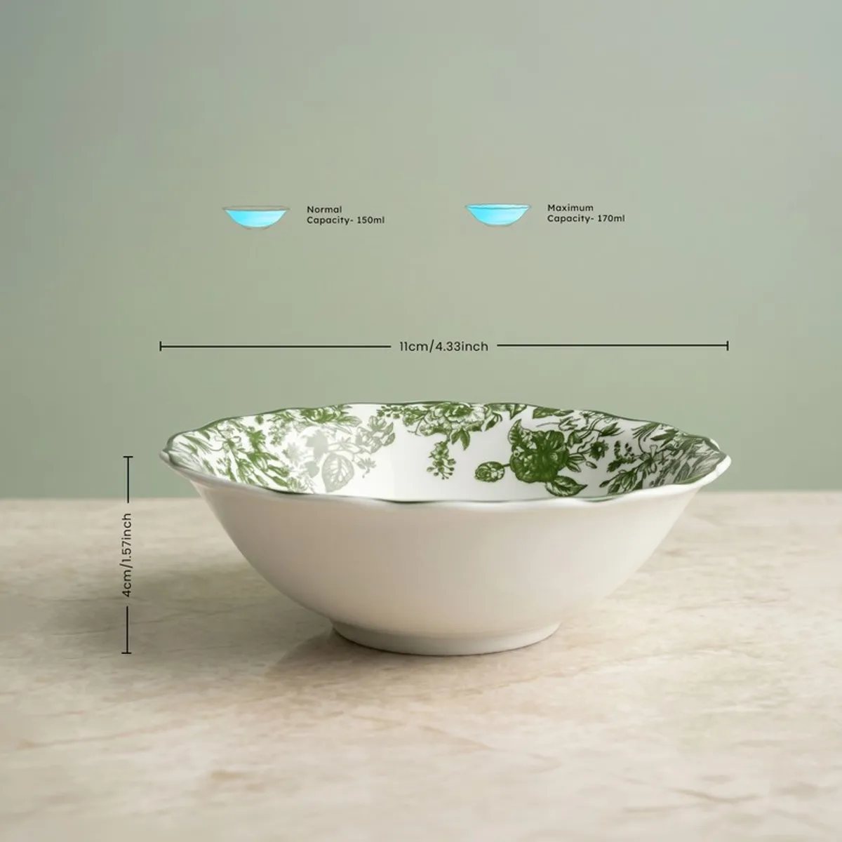 Green and white floral bowl with scalloped rim shown from the side