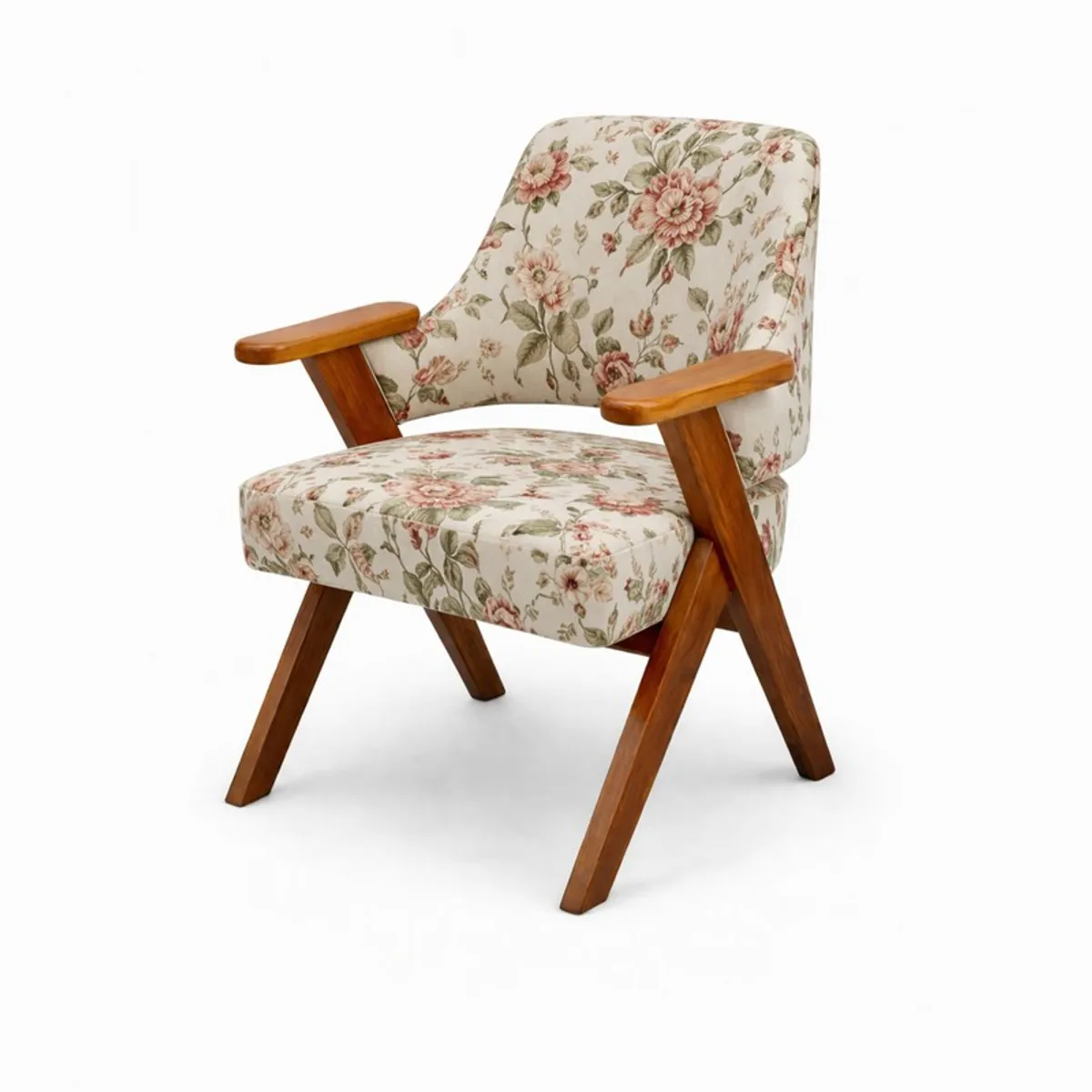 Floral upholstered teak wood accent chair shown against a white background