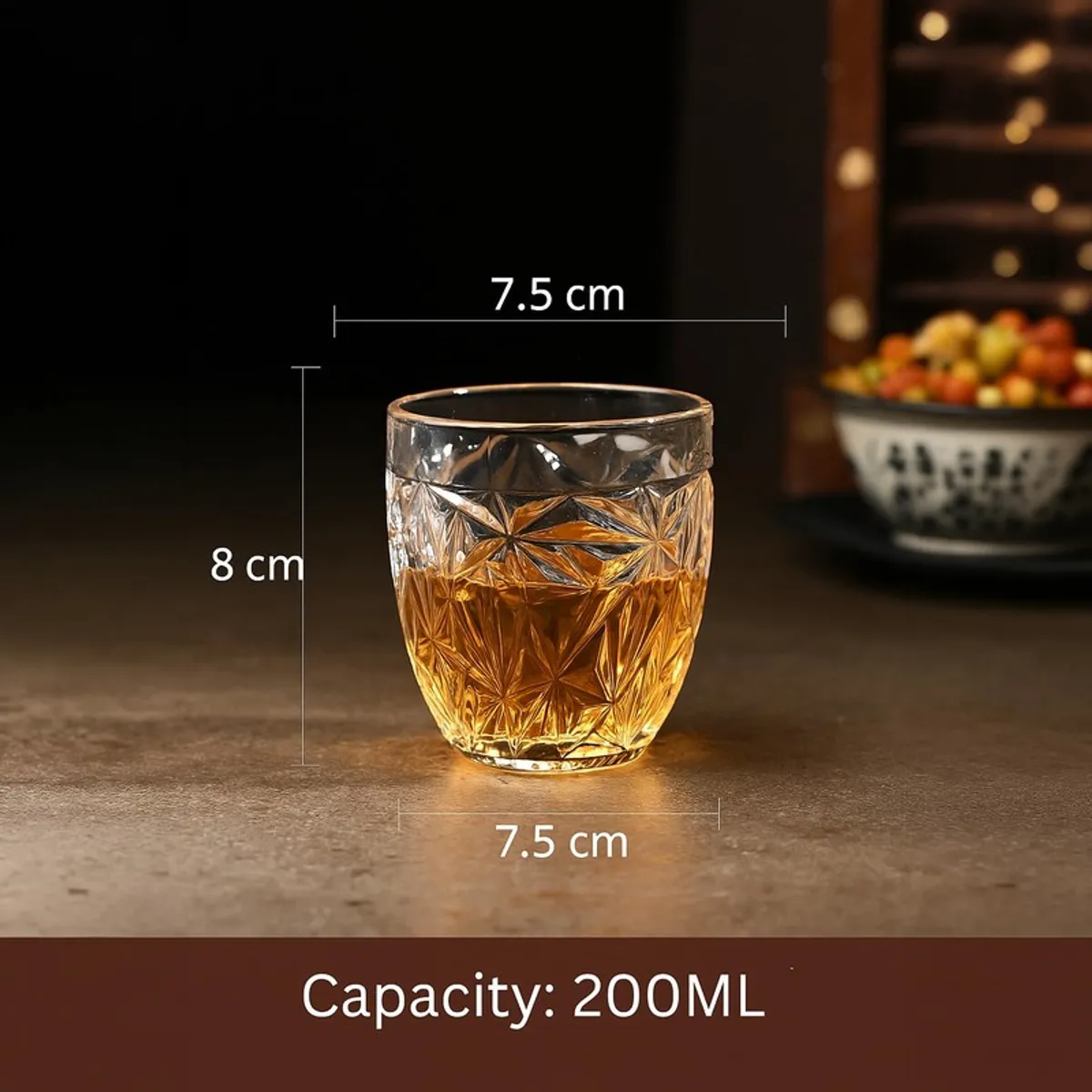 Clear textured whiskey glass with amber drink and size markings