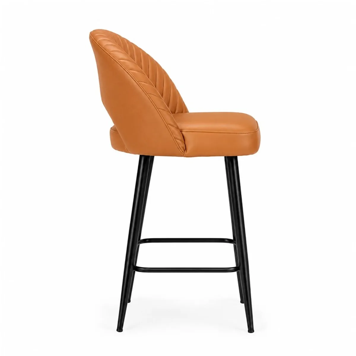 Side view of orange bar chair with black metal legs