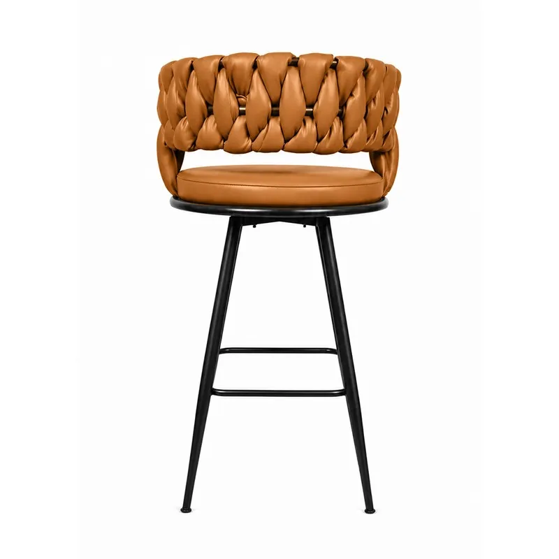 Rear view of the textured back and metal legs of the brown bar stool