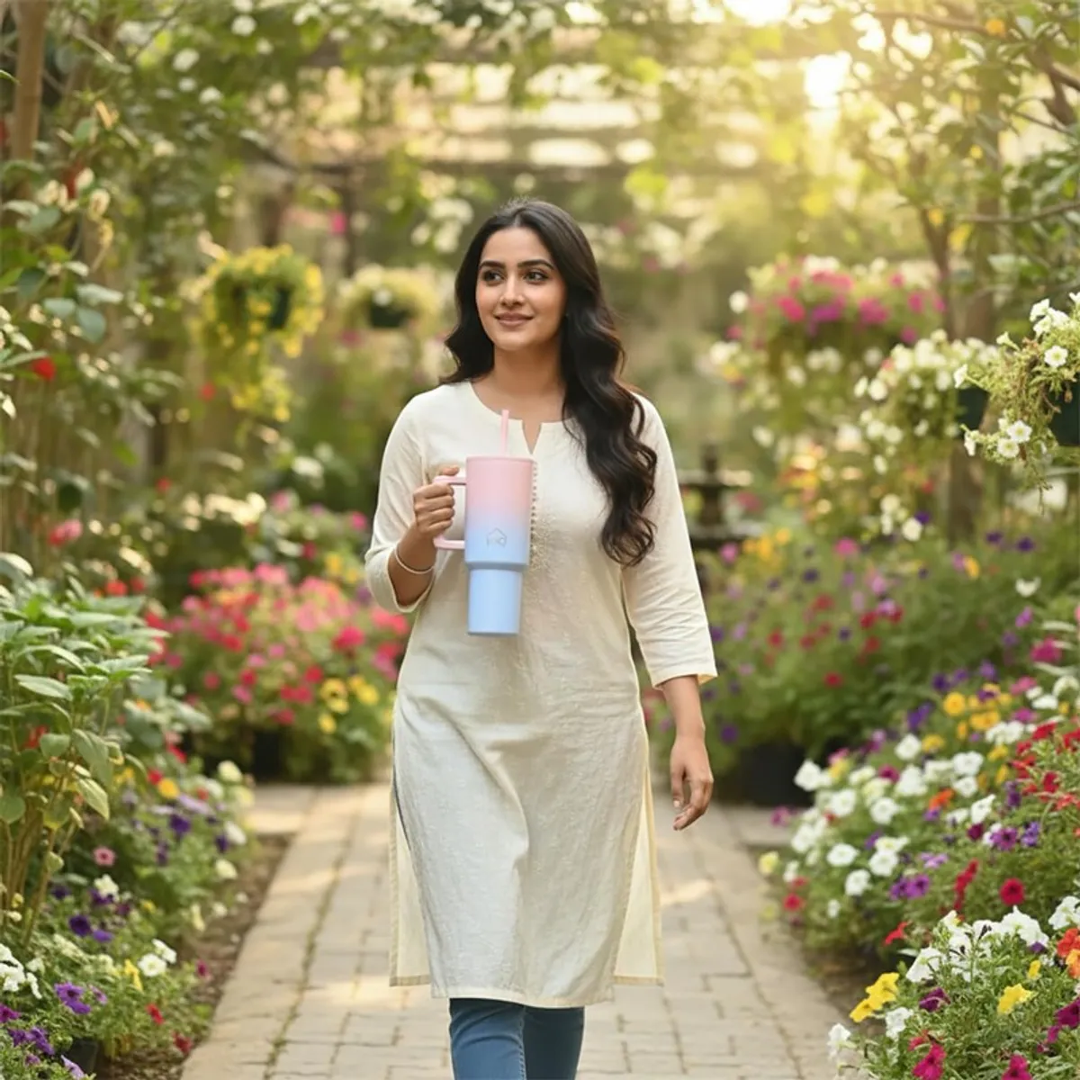 Woman carrying a pink and blue gradient tumbler on a garden path