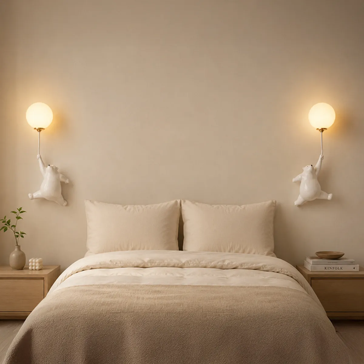 Two white bear wall lamps glowing above bedside tables in a neutral bedroom