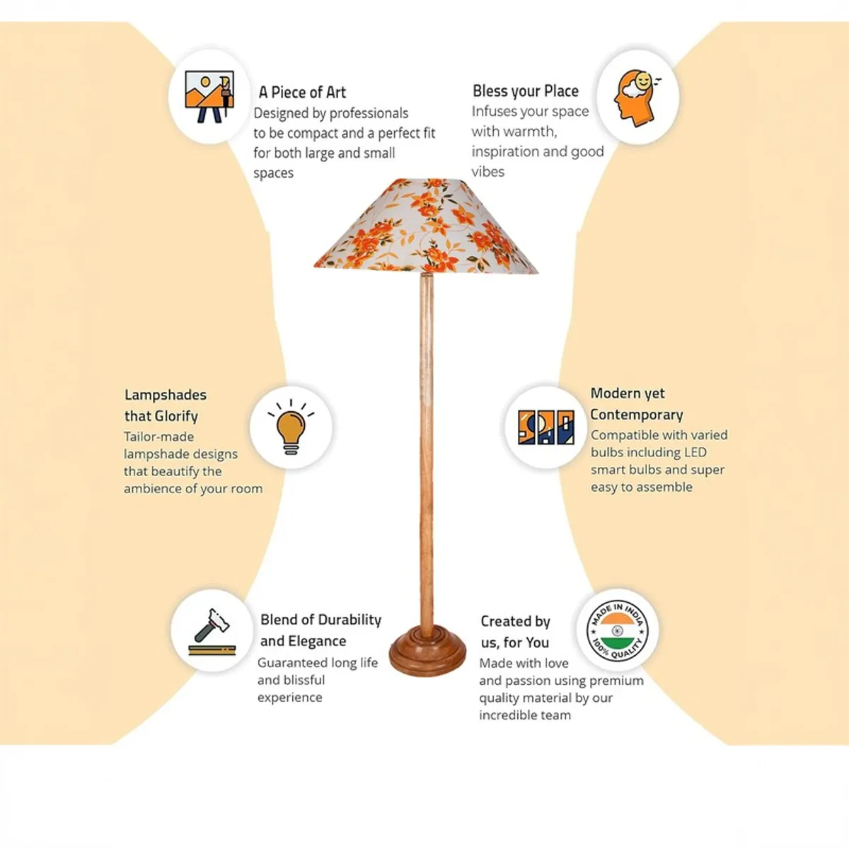 Floor lamp shown in a feature graphic with icon callouts on a pale background.