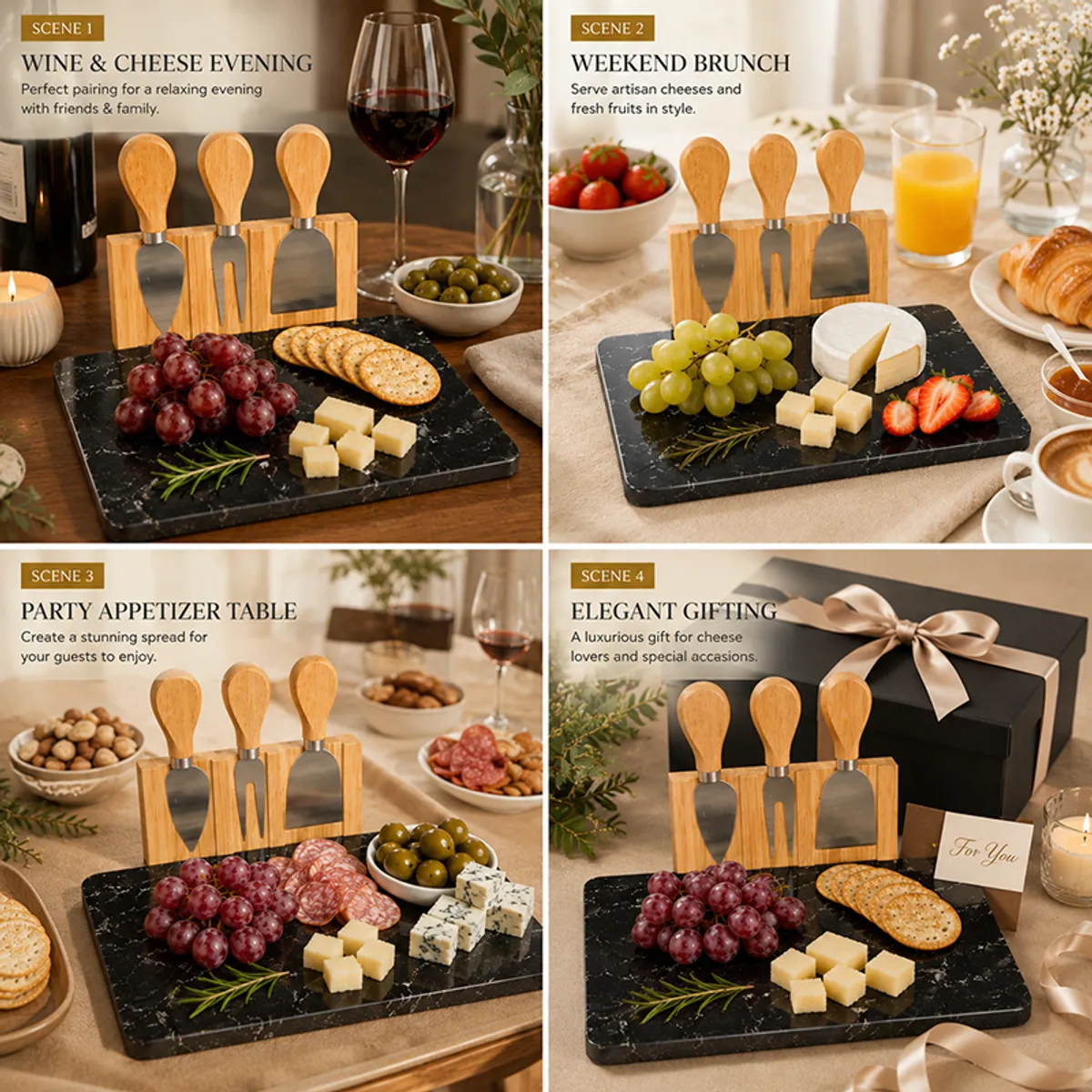 Cheese serving set with platter and tools styled for wine, brunch, parties and gifting