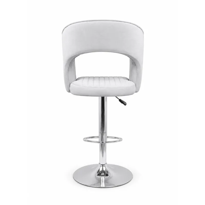 Back view of grey velvet bar chair with chrome pedestal base