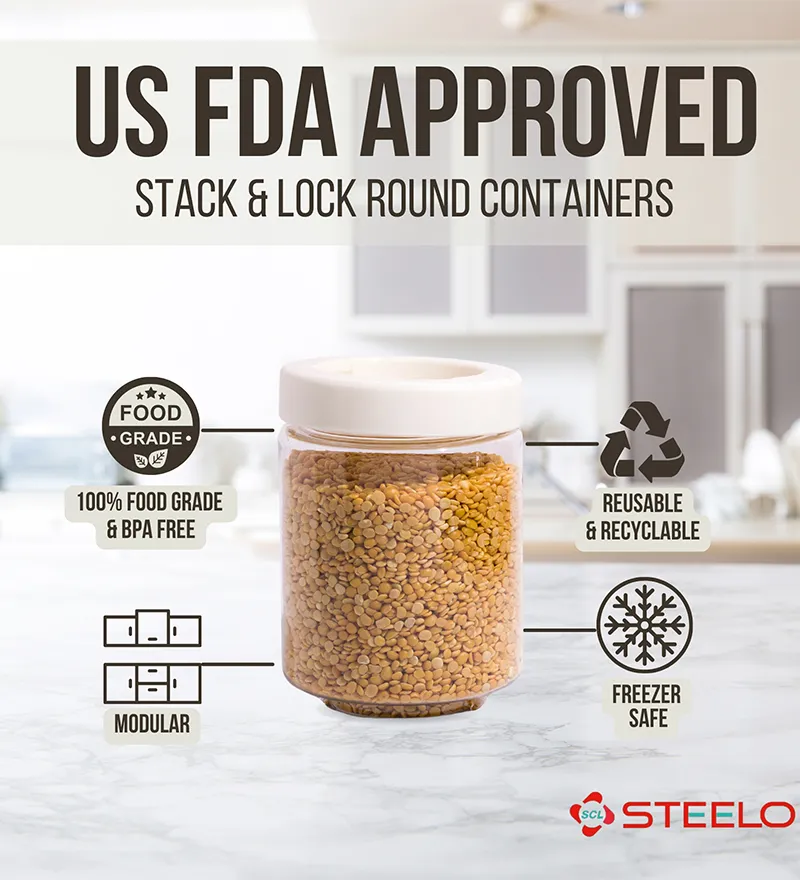 Single clear round container with white lid on a kitchen counter