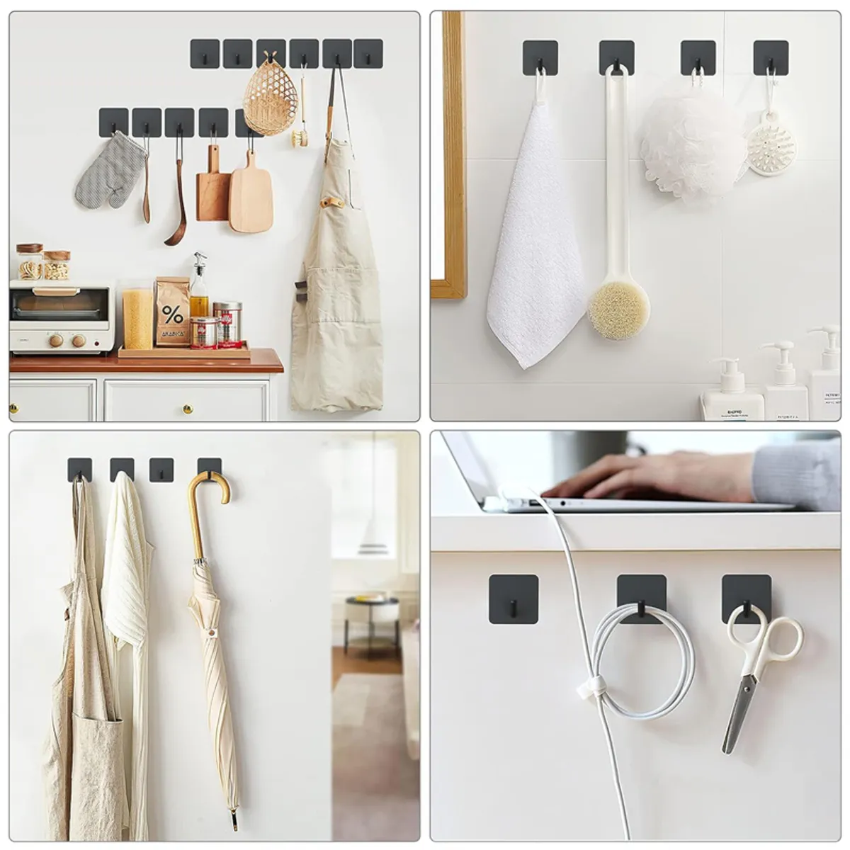 Black wall hooks shown organising towels, utensils, umbrellas and charging cables