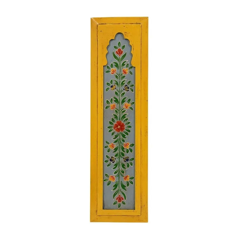 Front view of a yellow rectangular wall accent with floral painted design