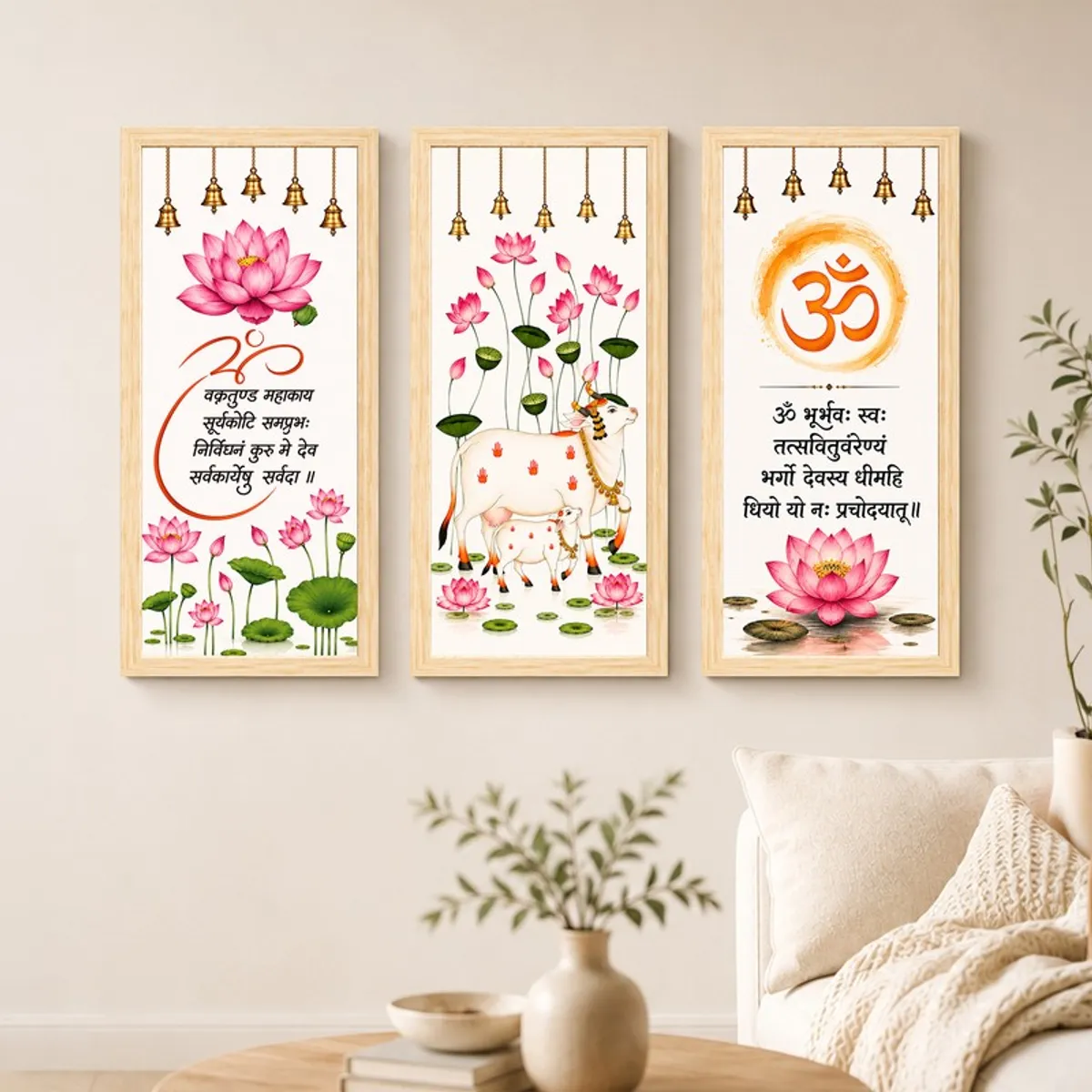 Three framed multicolour wall paintings displayed together above a neutral living room setting.