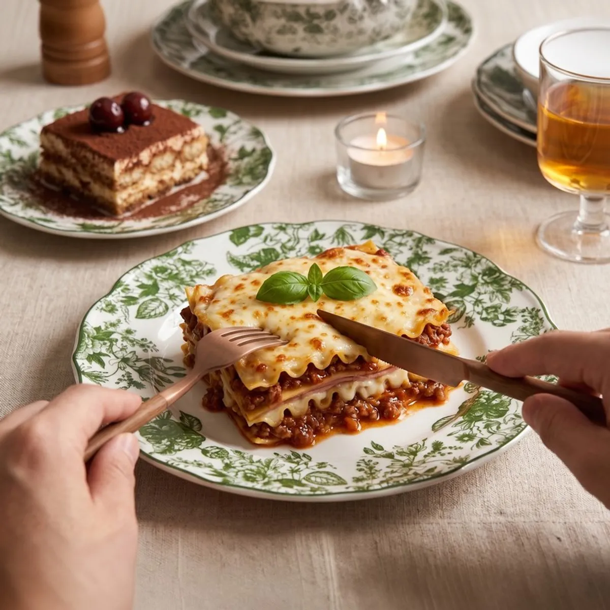 Green and white botanical plate styled with a serving of lasagne