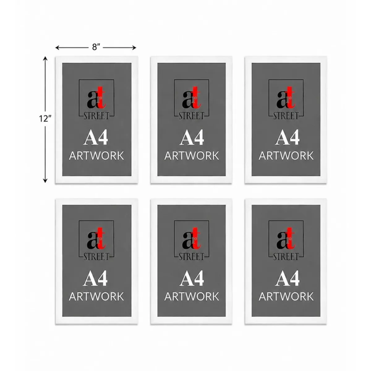 Six white rectangular frames shown in a grid with placeholder artwork