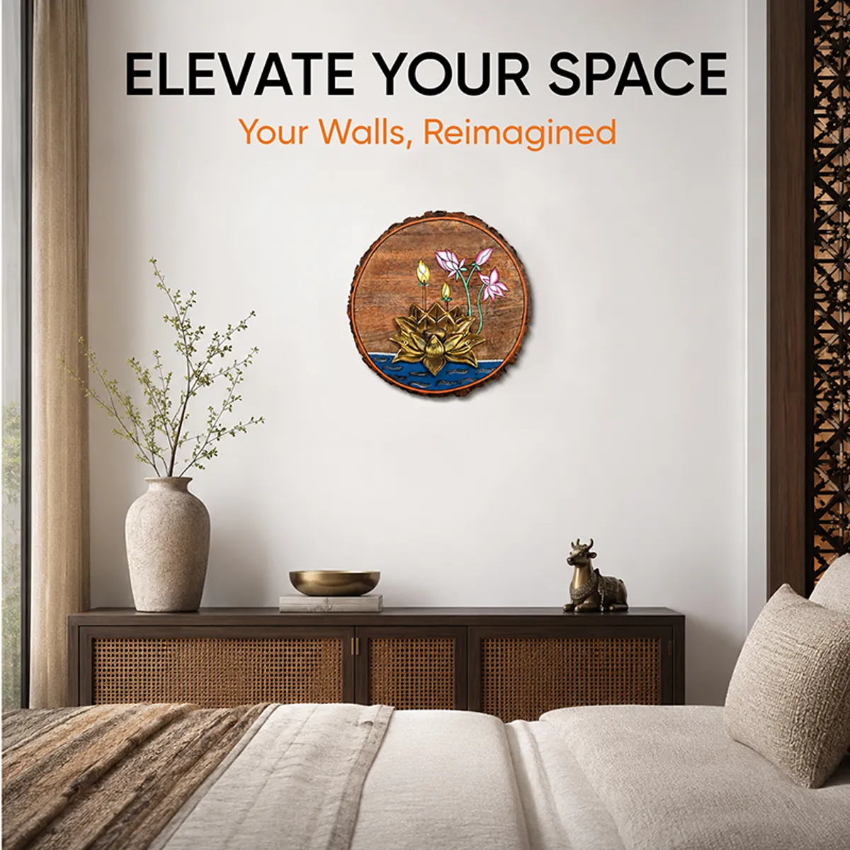 Round lotus wall accent displayed on a neutral wall above a console.