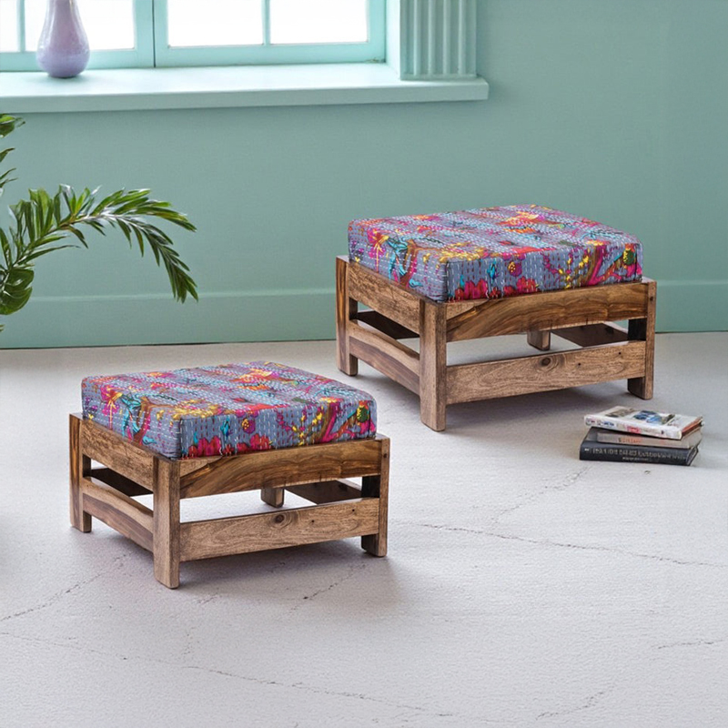 Lexon Sheesham Wooden Stools With Cushions (Multicolor) - Set of Two