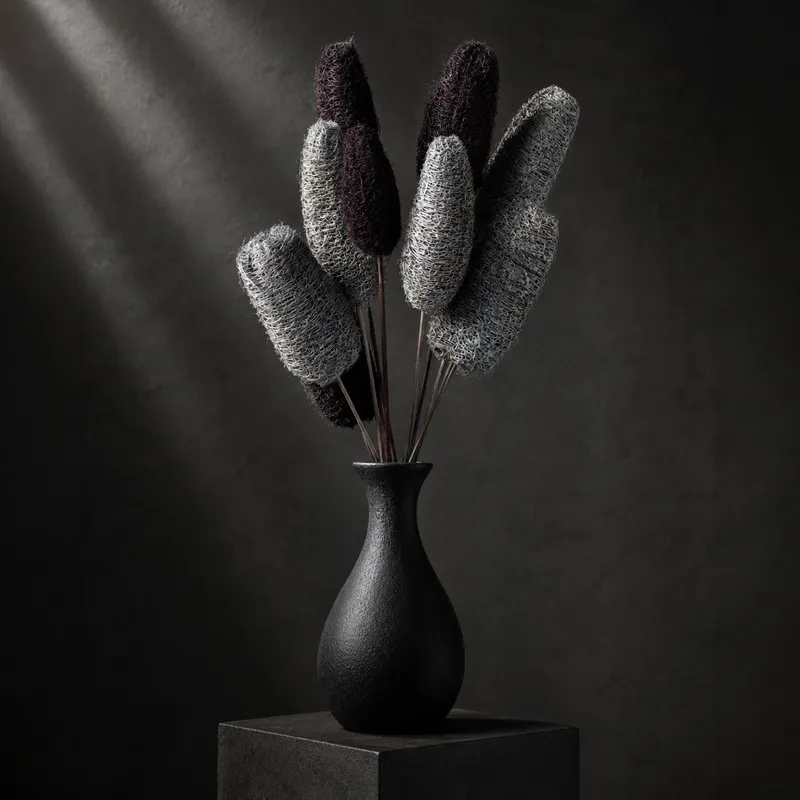 Black and grey dried luffah stems in a matte black vase against a dark backdrop