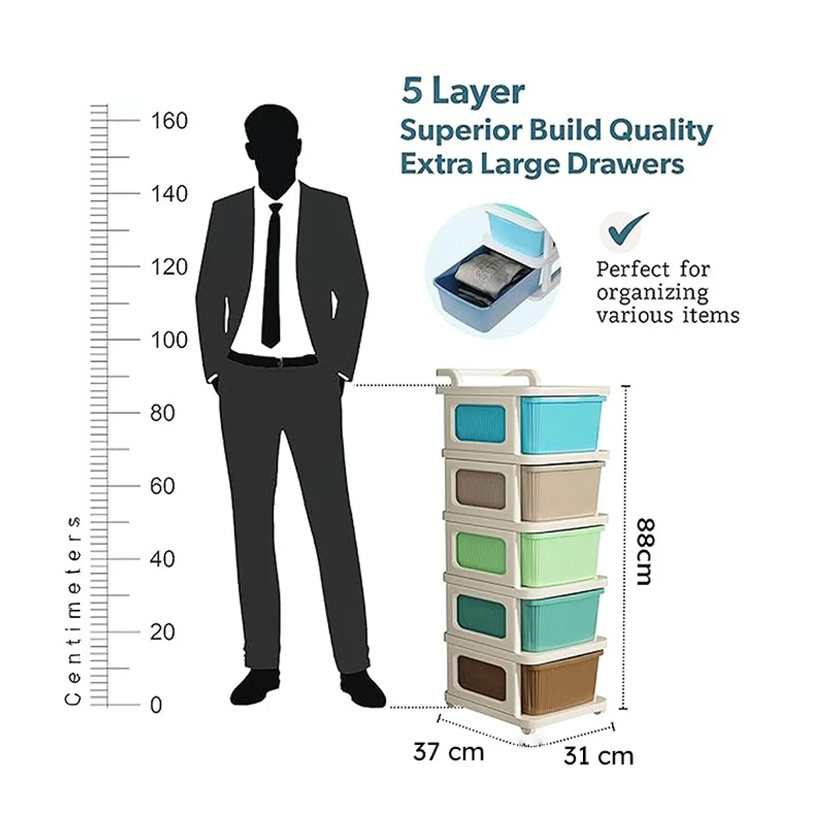 Five-layer storage rack shown beside a height scale with dimensions
