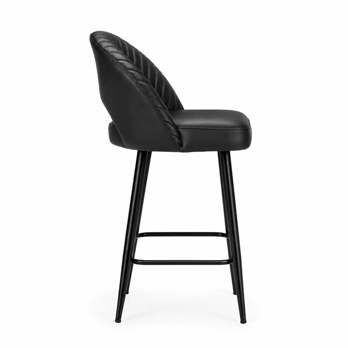 Side view showing the curved back and black metal legs